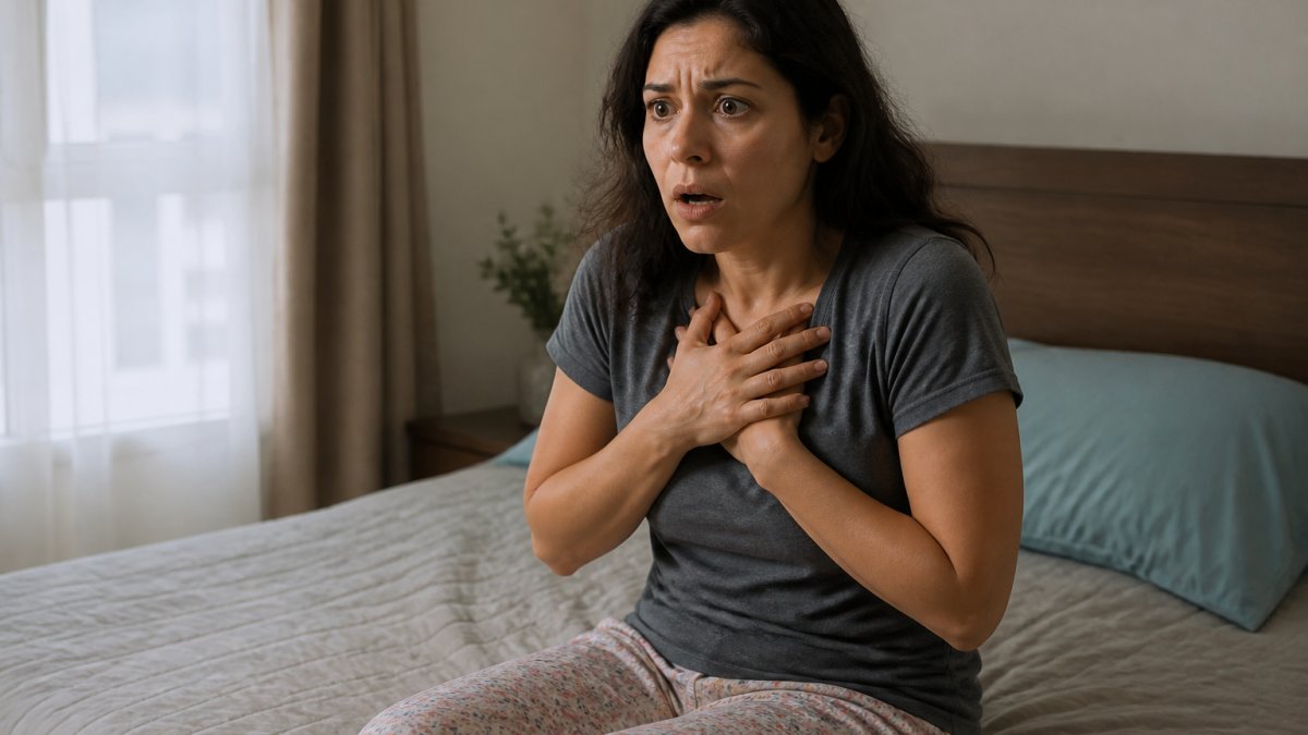 A person sitting on the edge of a bed in a softly lit bedroom, hands clasped over their chest, eyes wide with a look of sudden fear and breathlessness